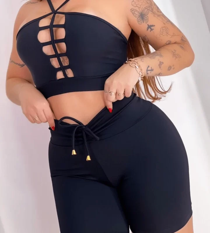 Conjunto Fitnes Top Short Preto Black Decote Sensual